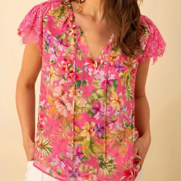 Hale Bob Kailani Pink Floral Tropical Top Lace Short Sleeves Size S - Picture 7 of 7